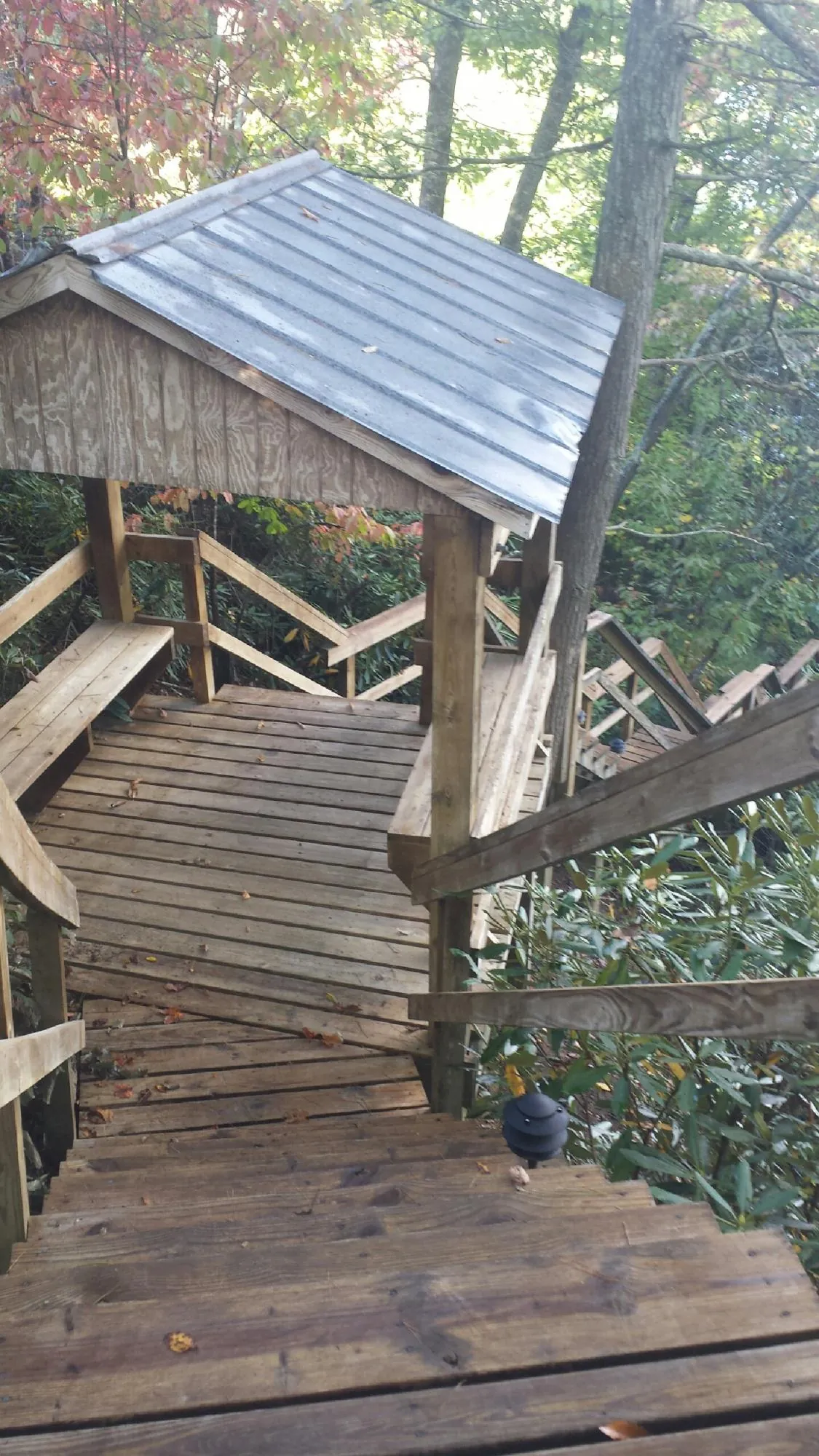 Metal roofed shelter over wooden steps on a wooded walkway — Skylight Repair & Installation work by our crew in Phillips